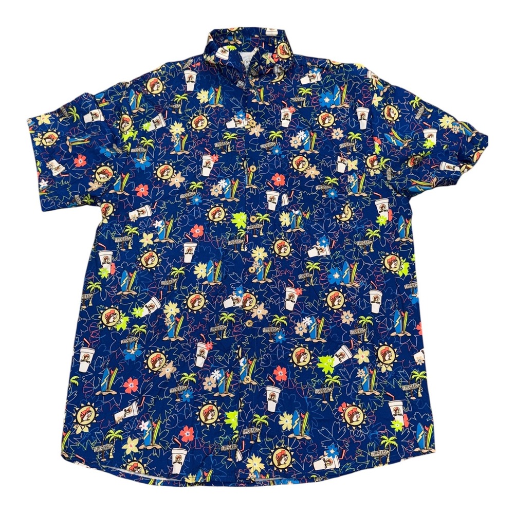 Buc-ees Mens Large Blue Summer Surfboard Beaver Print Short Sleeve Button Shirt
